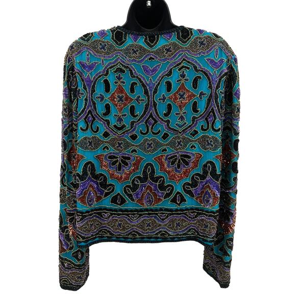 Papell Boutique Evening Trophy Jacket WMN M Blue Silk Sequin Beaded Vtg Brocade - Picture 10 of 14